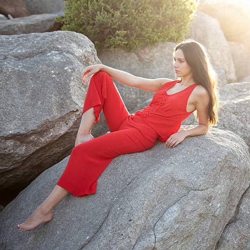 Photograph of a young woman with long brown hair, wearing a vibrant red sleeveless romper, reclining on large rocky terrain, sunlight illuminating