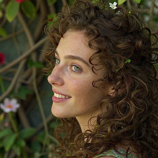Photograph of a smiling young woman with curly brown hair, green eyes, and freckles, wearing a floral dress, surrounded by lush greenery