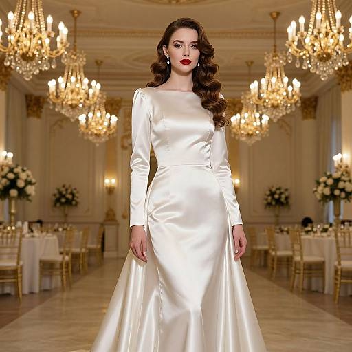 Elegant photograph of a fair-skinned woman with red lipstick, wearing a long-sleeve, white satin wedding gown, standing in a luxurious ball