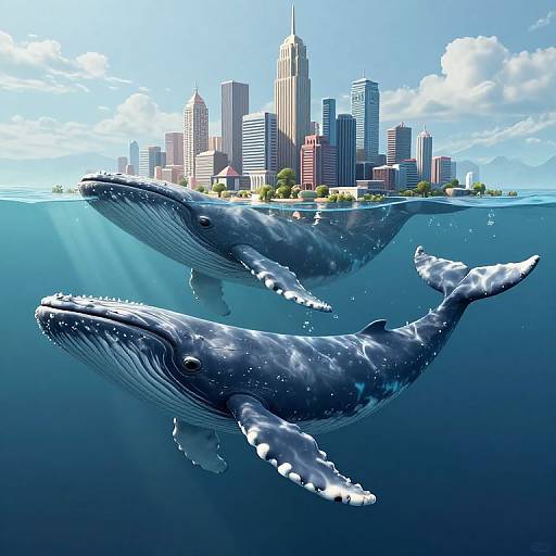 Digital artwork of two large, detailed blue whales swimming underwater in front of a vibrant, sunny city skyline with skyscrapers.