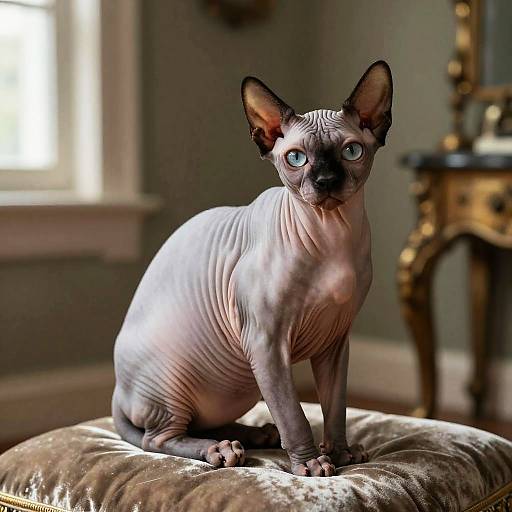 Photograph of a sleek, blue-eyed, dark-furred Burmese cat with large ears, sitting on a plush, brown velvet cushion in a