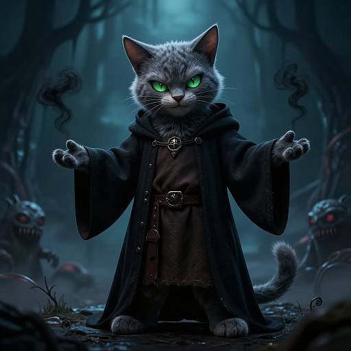 Digital artwork of a gray cat with glowing green eyes, wearing a dark wizard robe, standing in a spooky forest with eerie, shadowy creatures in the