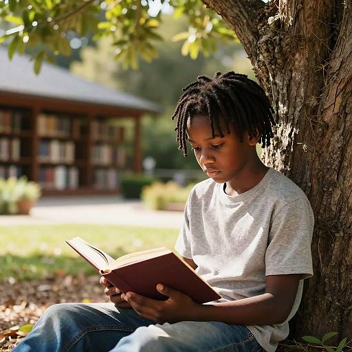 Photograph of a young Black boy with dreadlocks, wearing a white t-shirt and blue jeans, sitting under a tree, reading a book, with
