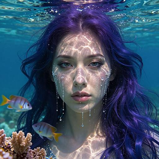Photograph of a fair-skinned woman with long purple hair underwater, surrounded by small yellow fish, with sunlight creating reflections on her face.