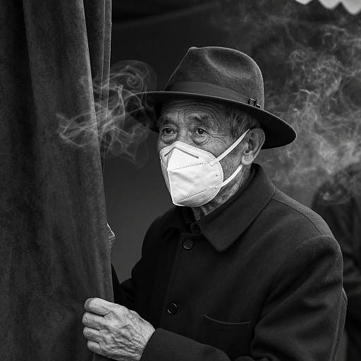 Elderly Man in Monochrome Smoke Scene