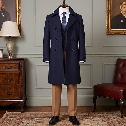 Photograph of a mannequin in a dark navy double-breasted coat, white shirt, black tie, beige pants, and black shoes, set