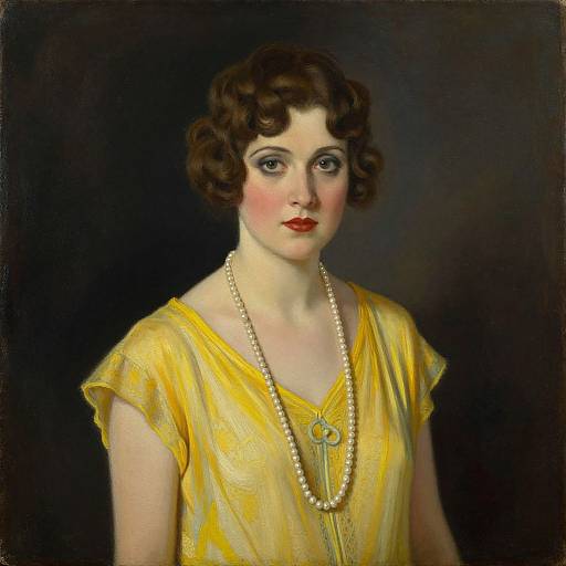 Vintage oil painting of a woman with fair skin, short curly brown hair, wearing a yellow dress, pearl necklace, and red lipstick. Black background.