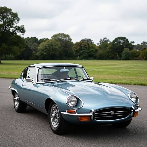 Photograph of a shiny, blue classic convertible sports car with chrome accents, driving on a paved road, surrounded by green grass and trees.
