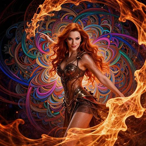 Photograph of a fiery redhead woman with long, wavy hair, wearing a sparkly black dress, surrounded by vibrant, swirling colors and flames,