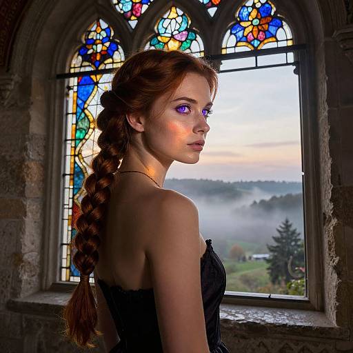 Photograph of a fair-skinned, red-haired woman with purple eyes, in a black strapless dress, standing by a stained glass window, mist