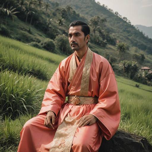 Man in Coral Lotus Silk Robe on Grassy Hillside
