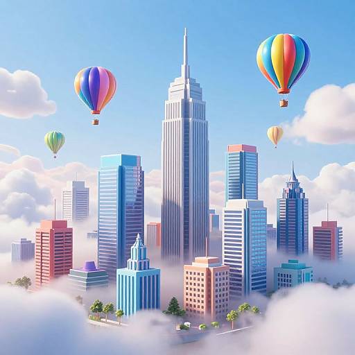 Digital illustration of a vibrant city skyline with tall skyscrapers, colorful balloons floating above, and clouds beneath, under a bright blue sky.