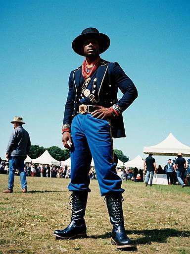 Photograph of a Black man in cowboy attire with a black hat, blue pants, and black boots, standing confidently on grass at an outdoor event with