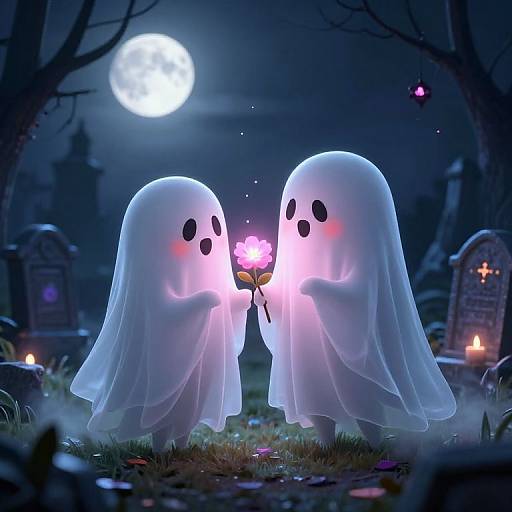 CGI image of two glowing white ghosts with black eyes, holding a pink glowing flower under a full moon in a dark, eerie graveyard.