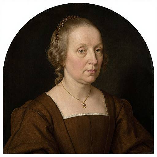 Renaissance-style portrait of a middle-aged white woman with brown hair, wearing a dark brown dress, gold necklace, and headband, against a