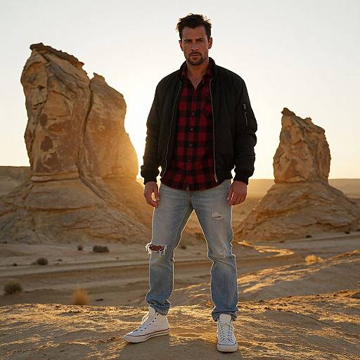 Photograph of a bearded man in a black jacket, red plaid shirt, ripped jeans, and white sneakers standing in front of desert rock formations