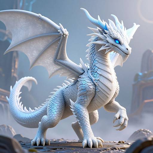 CGI rendering of a white, glowing blue-eyed dragon with large wings, standing on a rocky surface in a misty, futuristic environment.