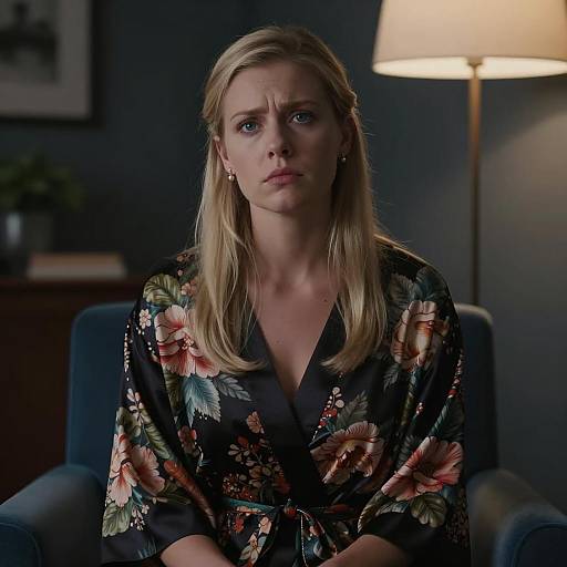 Concerned Woman in Floral Robe