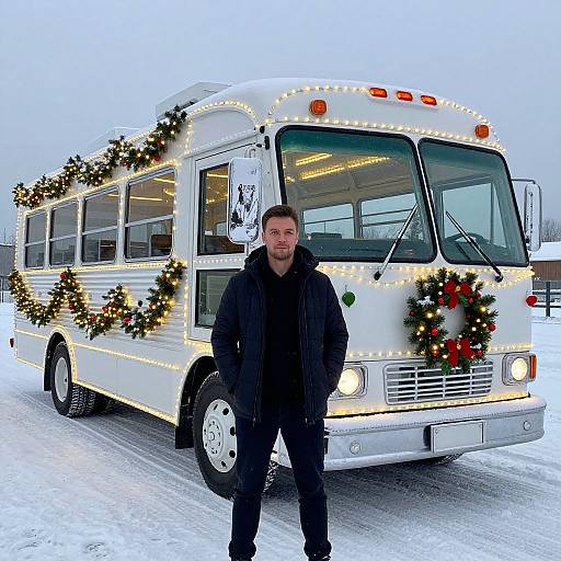 Photograph of a man in a black coat standing in front of a decorated white bus adorned with Christmas garlands and lights, on a snowy road.