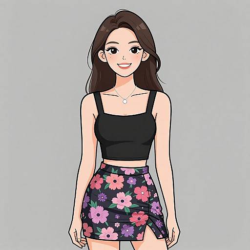 Digital anime-style drawing of a smiling young woman with long brown hair, wearing a black crop top and floral skirt, against a light blue background.