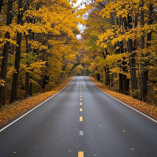Photograph of a straight, empty asphalt road with yellow autumn leaves lining both sides, centered white line, and a vanishing point in the distance.