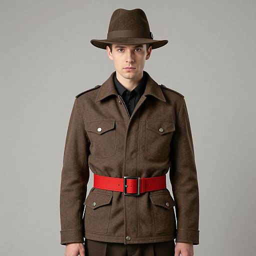 Photograph of a young man with light skin, wearing a brown fedora, dark brown military-style jacket with red belt, and black pants, standing