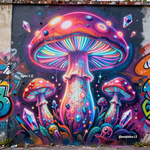 Vibrant digital graffiti of glowing, multicolored mushrooms with neon accents, surrounded by crystals, on a weathered urban wall. Artist: @