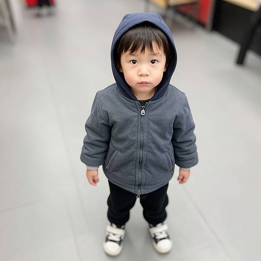 Photograph of an Asian toddler with dark hair, wearing a navy hooded jacket, black pants, and white sneakers, standing in a blurred, bright