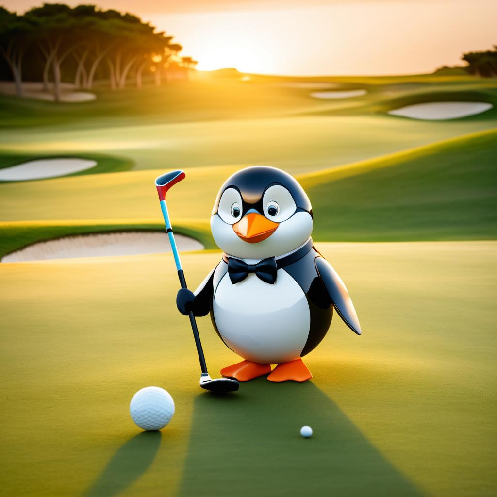 Playful Penguin Golfing at Sunset