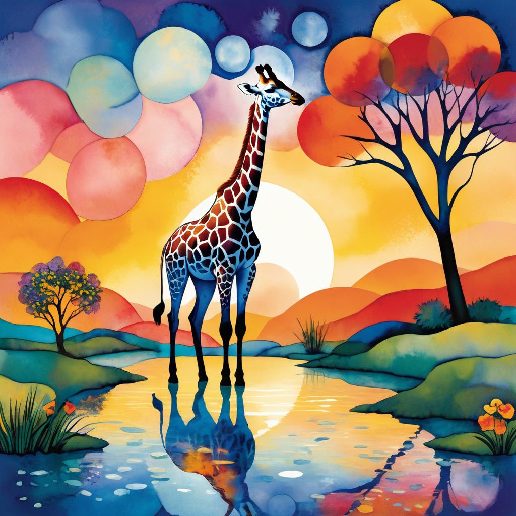 Giraffe by Pond in Chagall Style