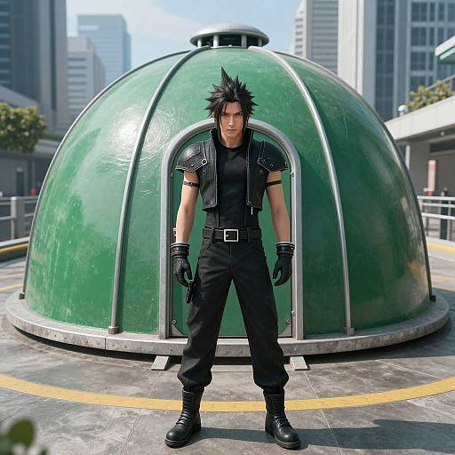 CGI image of muscular, black-haired man with spiky hair, wearing black leather vest, pants, gloves, and boots, standing in front of