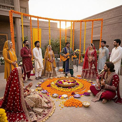 Photograph of a traditional Indian wedding ceremony, featuring six men and six women in colorful traditional attire, surrounded by orange marigold garlands, and