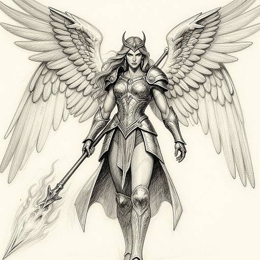 Black-and-white ink drawing of a powerful, armored angel warrior with large wings, holding a spear, wearing a helmet, and standing confidently. Detailed textures