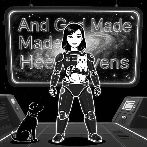 Monochrome digital drawing of a robotic woman in space armor with a dog, neon 