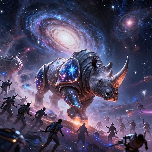 Digital artwork of a glowing, starry rhino in space, surrounded by silhouetted warriors, with swirling galaxies and neon lights.