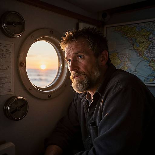 Photograph of a bearded, middle-aged man with spiky brown hair, wearing a dark shirt, gazing through a circular window at a sunset