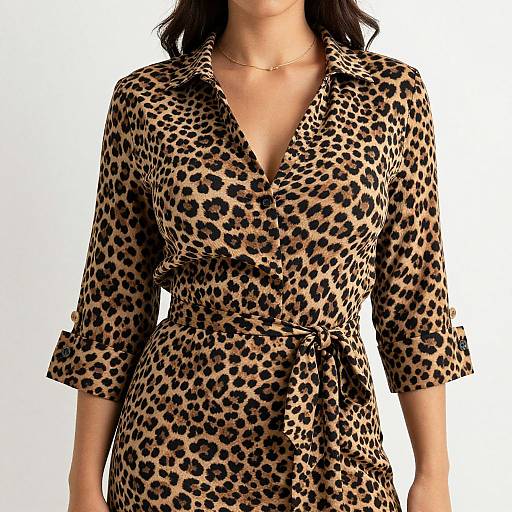 Photograph of a woman wearing a leopard-print, V-neck dress with three-quarter sleeves, tied at the waist, against a white background.
