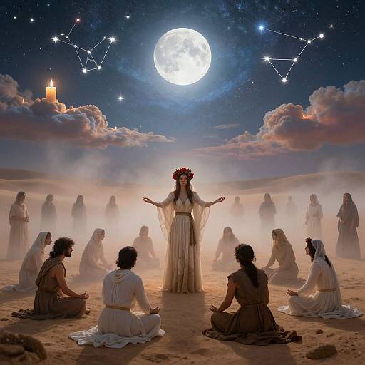 Photograph-style digital art: Moonlit desert, full moon, celestial constellations, candle, crowned woman in white dress, seated women in white