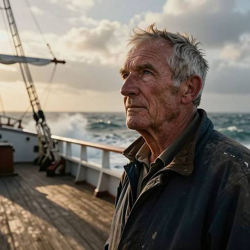 Photograph of an elderly white man with grey hair, weathered face, and rugged clothing, standing on a wooden ship deck at sunset with waves and