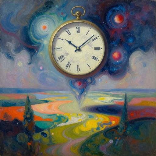 Dreamy, surreal painting of a floating pocket watch with a clock face, surrounded by swirling cosmic colors and a vibrant, winding landscape below.