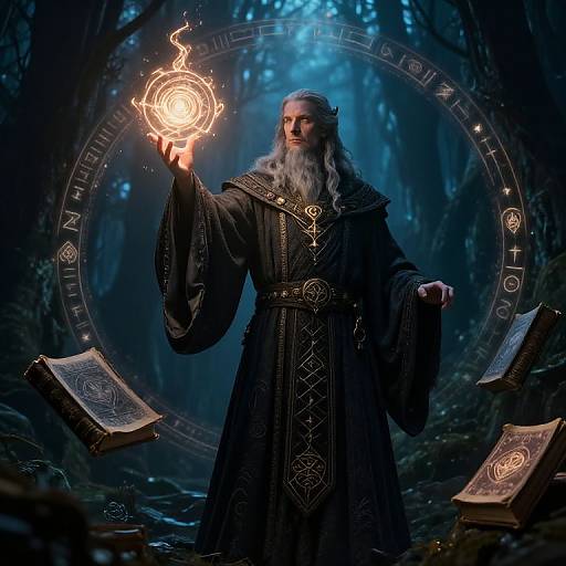 Mystical wizard with long white beard, dark robe, holding glowing magical circle in forest; ancient books float around him. CGI fantasy scene.