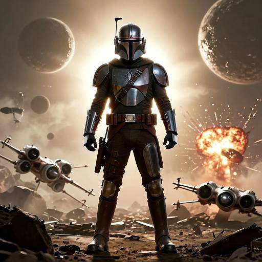 Silhouetted Mandalorian stands in space battle, surrounded by explosions, destroyed ships, and planets, in a dramatic, digital sci-fi artwork.