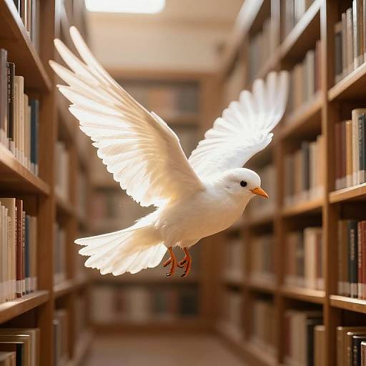 Photograph of a white dove with outstretched wings, red feet, and yellow beak flying through a narrow, wooden bookshelf-lined corridor.