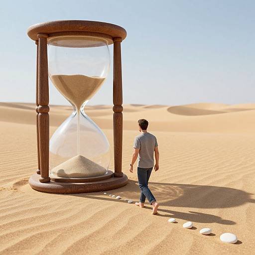 Photograph of a man in a gray shirt and blue jeans walking towards a wooden hourglass in a vast, sunlit desert with white stones scattered on