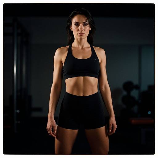 Photograph of a muscular, fit woman with long dark hair, wearing a black sports bra and shorts, standing in a dimly lit gym.