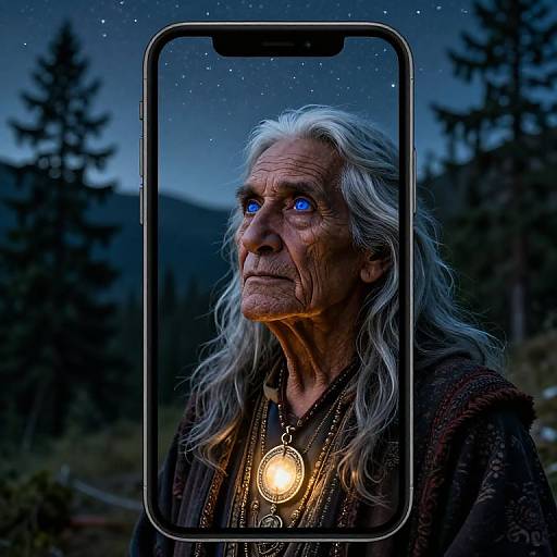 Photorealistic digital art: elderly man with long white hair and glowing blue eyes, framed by a smartphone screen, wearing a dark robe with a glowing