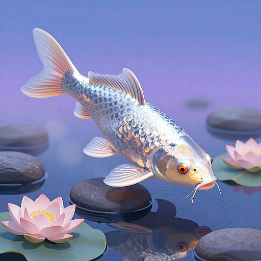 Photorealistic digital artwork of a silver, patterned koi fish swimming in a serene blue pond with pink water lilies and smooth stones.