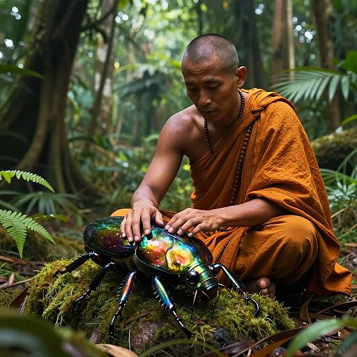Photograph of a bare-chested, bald Buddhist monk in orange robes meditating in a lush forest, touching a reflective, iridescent object on