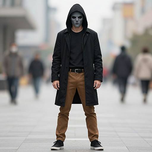 Photograph of a man with pale blue face paint, black hoodie, long black coat, brown pants, black sneakers, standing in a blurred urban street