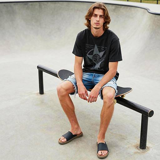 Photograph of a young man with shoulder-length brown hair, wearing a black t-shirt, denim shorts, and black sandals, sitting on a black bench